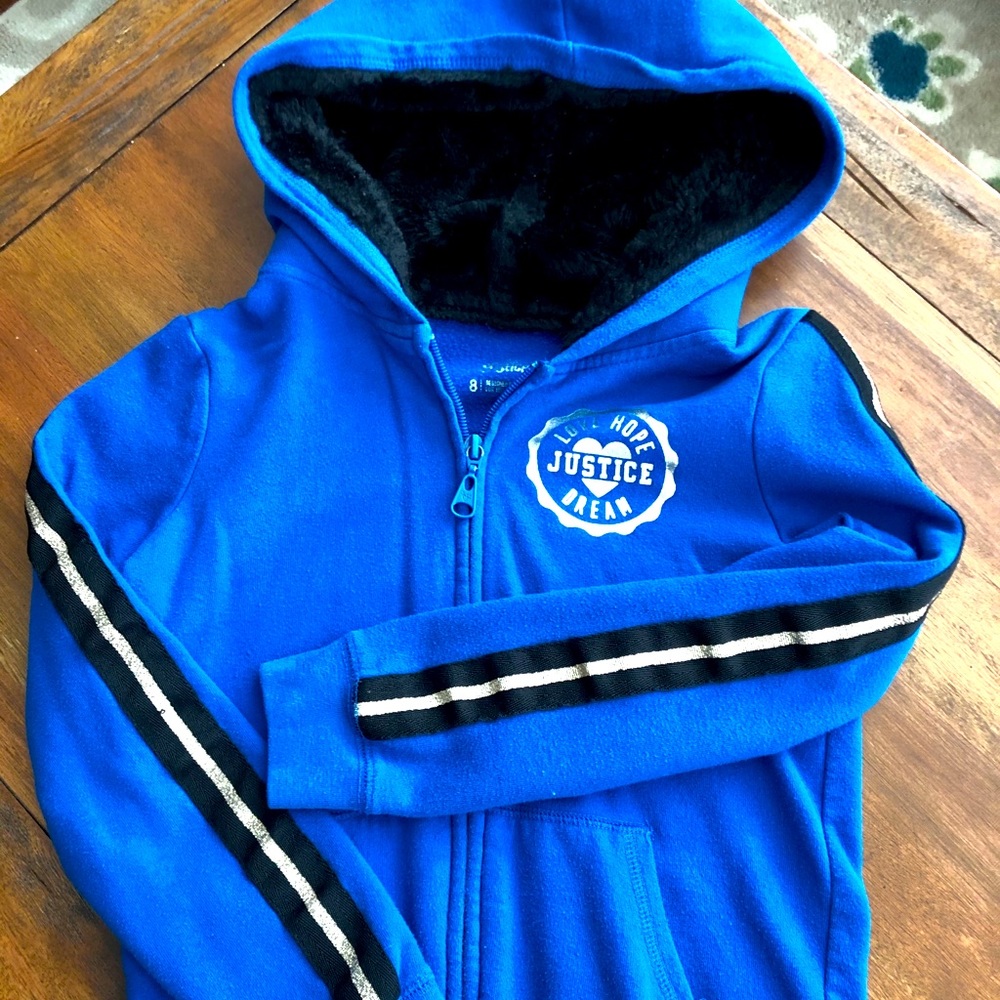 Justice girls sweatshirt size 8 hood Sherpa